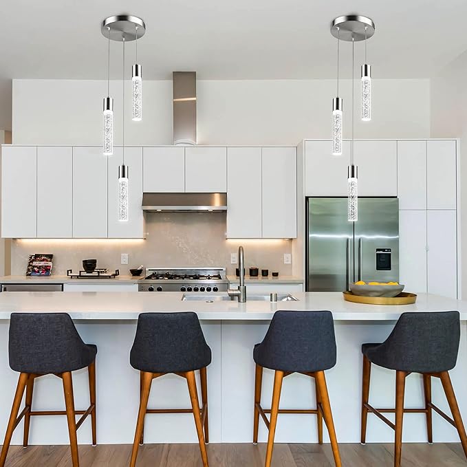 Pendant Lights Kitchen Island, 6500K Modern Kitchen Island Lights Brushed Nickel, Ceiling Lighting Fixtures with Crystal Bubble, Integrated LED Hanging Light for Dining Room 1 Pack(3-Light)