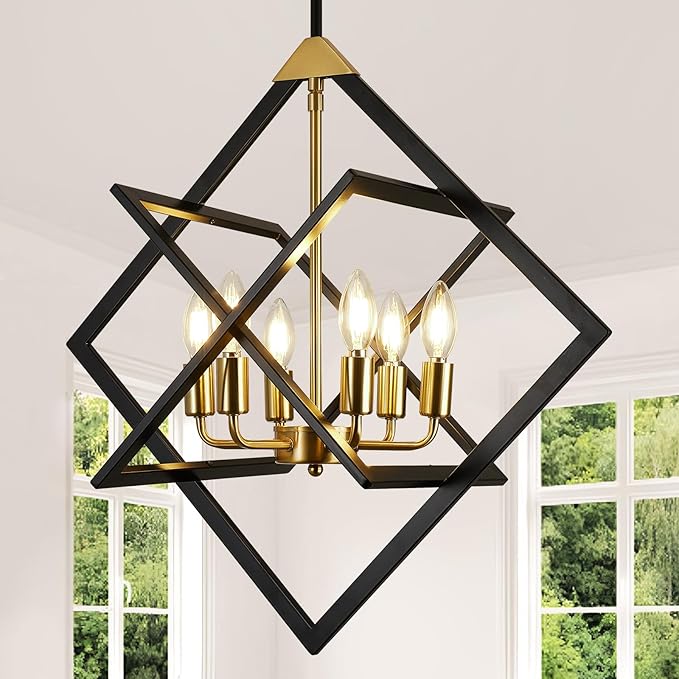 24" Modern Black and Gold Chandelier, No Assembly Required 6-Light Dining Room Light Fixture Over Table, Industrial Metal Hanging Pendant Lights Fixture for Kitchen Island, Entryway, Foyer