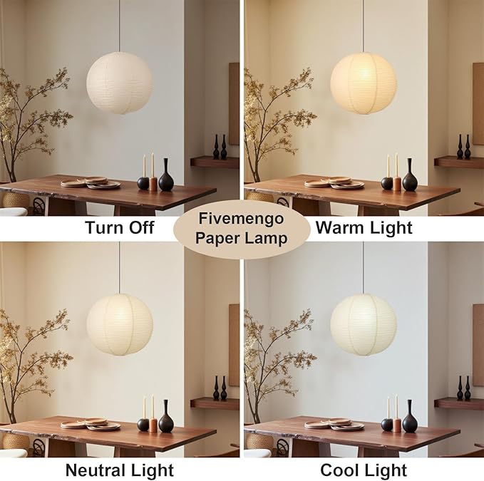 Large Paper Pendant Light with Cord and Canopy, 20in Off-White Rice Paper Hanging Lamp, Japanese Japandi Wabi Sabi Lantern Lamp Chandelier for Living Dining Room Bedroom Kitchen 1 Pack