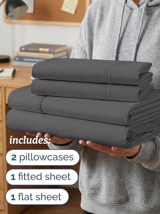 Twin XL 4 Piece Sheet Set - Comfy Breathable & Cooling - Ultra-Soft Hotel Luxury Bedding Set w/ 8-16 Inch Deep Pockets - 1 Flat & 1 Fitted Sheet & 2 Pillowcases - Wrinkle Free & Easy Care - Dark Grey