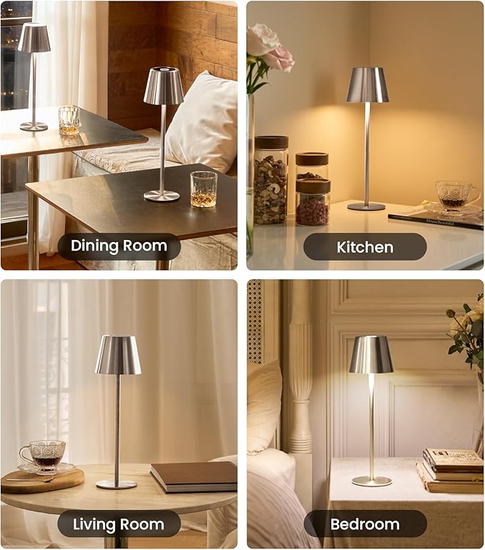 3 Pack Cordless Table Lamp, Portable Battery Operated Lamp with 3 Color Temps and Stepless Dimming, Rechargeable Table Lamp for Dinner, Desk, Cafe, Outdoor (Brushed Silver)