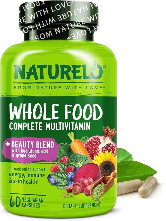 NATURELO Multivitamine Aliment Complet avec Soutien Supplémentaire Cheveux, Peau et Ongles - Mélange Beauté avec Acide Hyaluronique et Pépins de Raisin - Biotine, Vitamine C et Glutathion Haute Puissance - 60 Gélules Végétaliennes