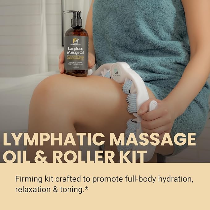 Kit Huile & Rouleau de Massage Lymphatique pour la Massothérapie - Huile et Masseur de Drainage Lymphatique Ylang Ylang & Gingembre pour la Circulation et le Soutien à la Détoxification, Formule Non Grasse et Rouleau Facile à Utiliser (236 ml) par M3