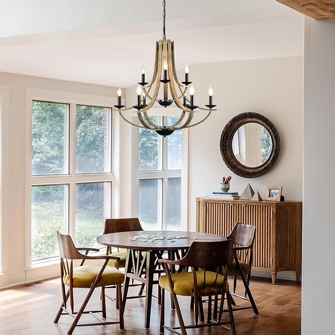 LAMPKEDUO Farmhouse Chandeliers for Dining Room Light Fixture, 9-Light 31" Adjustable Height Retro Faux Wood Texture Rustic Light Fixtures for Living Room Bedroom Kitchen Island Foyer Entryway