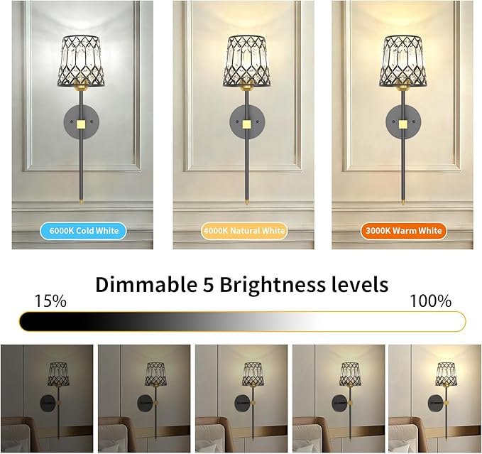 Black and Gold Battery Operated Wall Sconces Set of 2, Crystal Rechargeable Wireless Wall Sconce Lights for Home Decor, Dimmable 12 RGB and 3CCT Wall Lamps with Remote for Living Room Bedroom Hallway