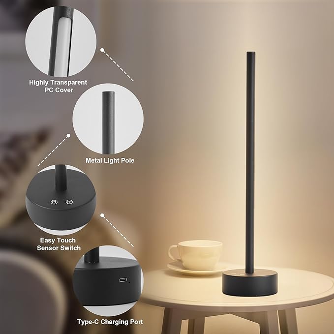 KARTOOSH Cordless LED Table Lamp Set of Two, Battery Operated Portable Desk Lamp, Dimmable/3 Color/Memory Function, Modern Rechargeable Table Light for Living Room,Bedroom, Bedside, Black, 2 Pack