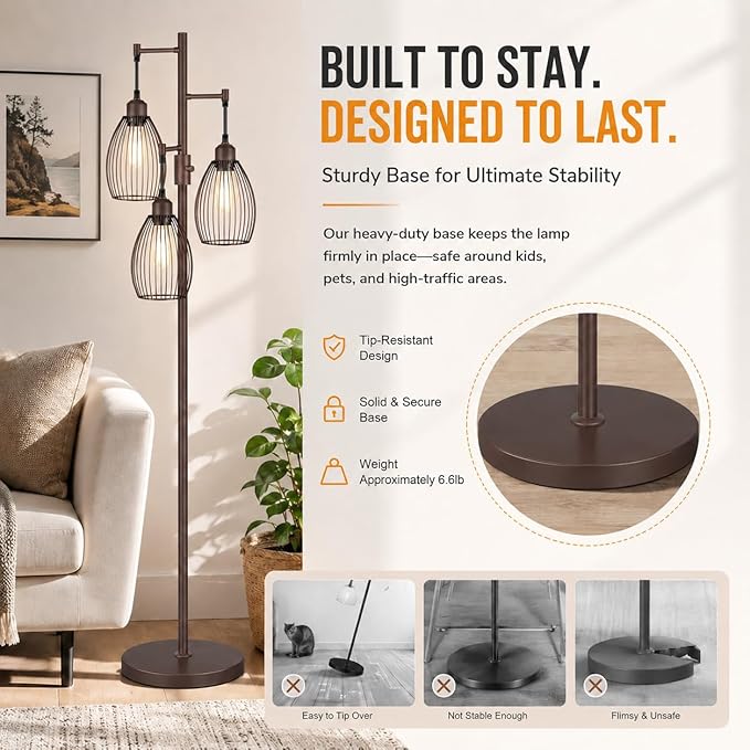 Nintiue Dimmable Floor Lamp,3x800LM LED Bulbs Included, Farmhouse Industrial Floor Lamp Standing Tree Lamp with Teardrop Cage Head Tall Lamp for Living Room Bedroom Office Dining Room - Matte Brown