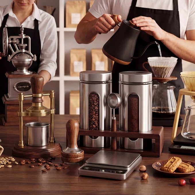 Suclain Stainless Steel Coffee Grounds Canisters with Shelf 2 x 50oz Sugar Coffee Bean Storage Container Airtight Threaded Lid Glass Window Scoop Kitchen Jar Set (Upgrade Style, 11.02 x 5.12 x 2.76'')