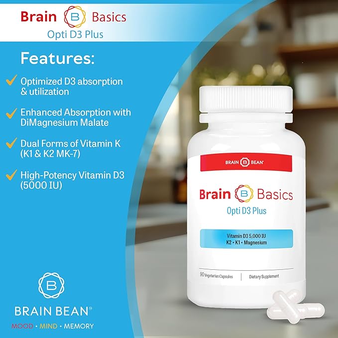 Brain Basic Opti D3 Plus - Vitamine D3 5000 UI avec K1, K2 et Magnésium - Supplément de Soutien Cérébral pour l'Humeur, l'Esprit, la Mémoire - Santé des Os, des Muscles et du Système Immunitaire - Sans Gluten, Sans Soja et Sans Produits Laitiers