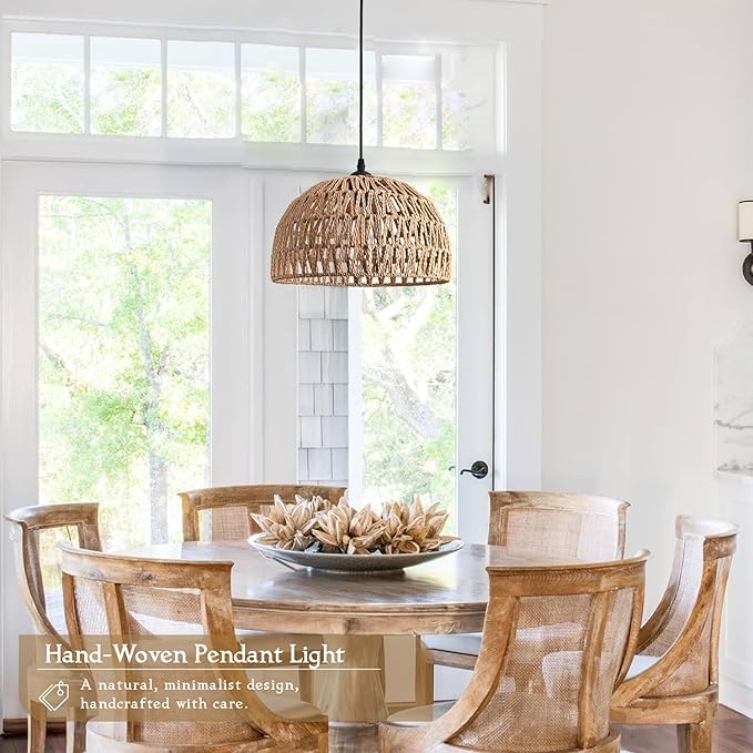 Brown Rattan Light Fixture 15ft Plug In Pendant Light Woven Pendant Light Boho Chandelier Wicker Pendant Light Boho Pendant Light Plug In for Dining Room Kitchen Island Bedroom(Bulb Incl.)