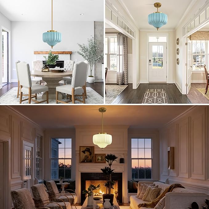 Blue Glass Pendant Light, 11.8 inch Pendant Light Fixture with Floral lampshade, Height Adjustable Brushed Gold Vintage Hanging Lamp for Dining Room Kitchen Island Bedroom Living Room Entryway