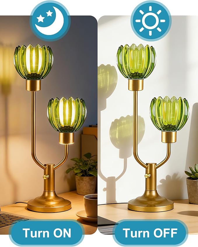 Lightdot Green Glass Flower Table Lamp for Bedroom Dimmable Nightstand Lamp Mid Century Modern Vintage Gold Desk Lamp 2 Bulbs Included Warmwhite Ambient Bedside Lamp for Living Room Home Office Decor