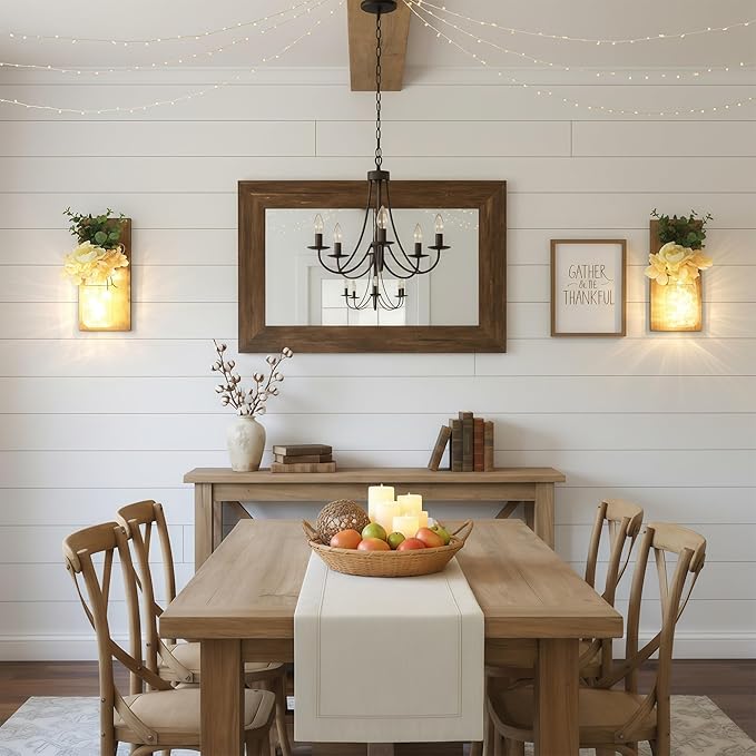 Farmhouse Wall Decor for Living Room Rustic Mason Jar Wall Sconces Set of 2 for Home Living Room Bedroom Decorations with Rose Bouquet Flowers and Remote LED Fairy Lights (Large Jacobean)