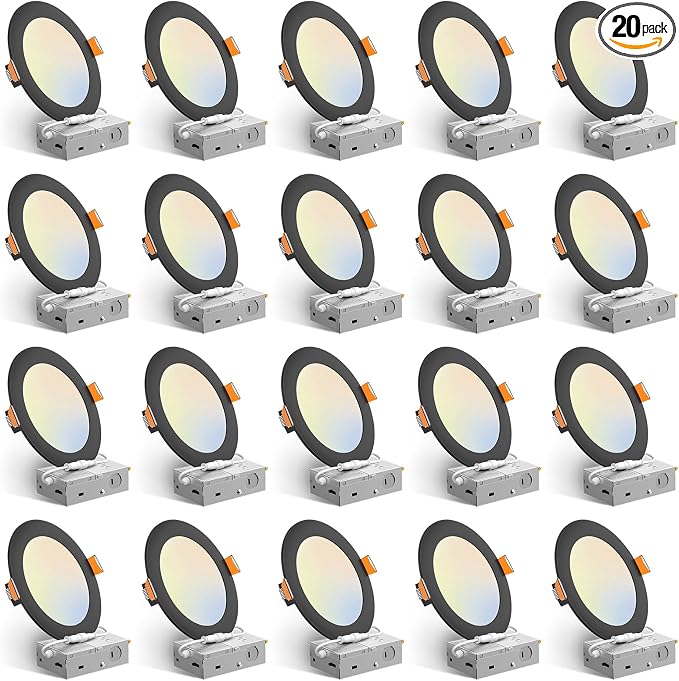 Amico 20 Pack 6 Inch 5CCT Ultra-Thin LED Recessed Ceiling Light with Junction Box, 2700K-5000K Selectable, 12W Eqv 110W, Dimmable Can-Killer Downlight, 1050LM Wafer Lighting, Black-ETL