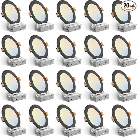 Amico 20 Pack 6 Inch 5CCT Ultra-Thin LED Recessed Ceiling Light with Junction Box, 2700K-5000K Selectable, 12W Eqv 110W, Dimmable Can-Killer Downlight, 1050LM Wafer Lighting, Black-ETL