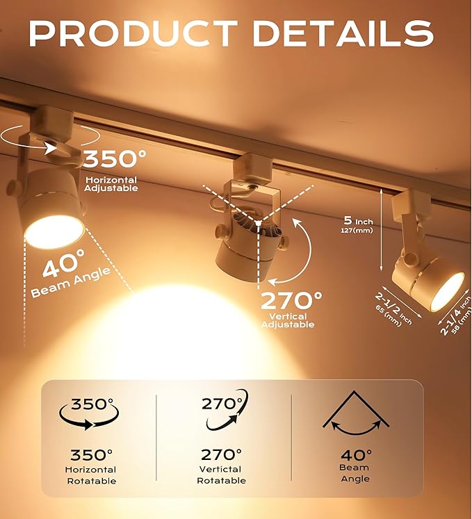 CLOUDY BAY 8W 3000K Warm White Dimmable LED Track Light Head,CRI90+ True Color Rendering Adjustable Tilt Angle Track Lighting Fixture,40° Angle for Accent Retail,White Finish,Halo Type- Pack of 6