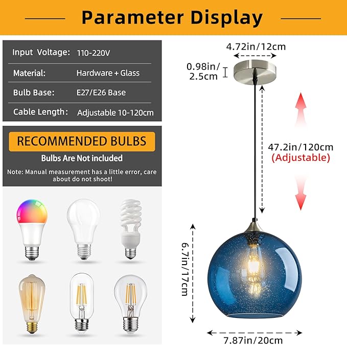 Modern 2-Pack Glass Globe Pendant Lights, Blue Modern Pendant Lighting for Kitchen Island, Clear Glass Hanging Lamps for Dining Room Living Room Bedroom, Medium 7.87 Inch Fixture (Bulbs Not Included)
