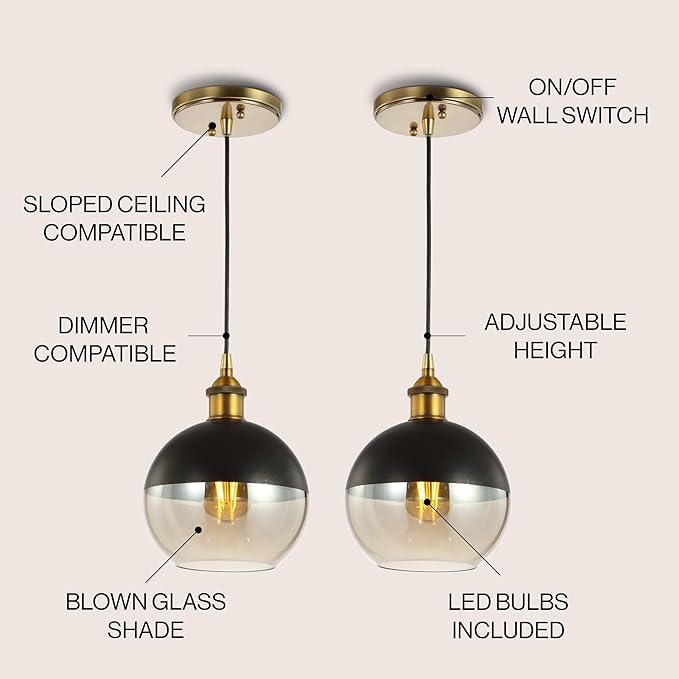 JONATHAN Y 7.5" Brass Gold/Black 1-Light Mid-Century Modern Globe Pendant Light, Adjustable LED Hanging Ceiling Fixture, Champagne Smoked Glass Shade for Kitchen Island (JYL3513A-SET2)