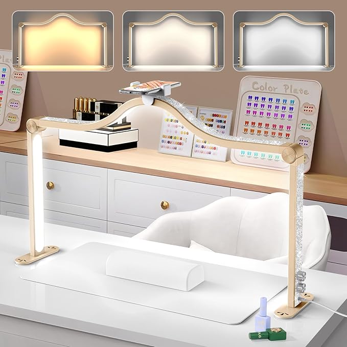 Yokilly Arc Half Moon Light: 34" Shadow-Free Half Moon Light for Desk Salon - Foldable LED Desk Lamp with Stepless Brightness for Manicurist (Gold)