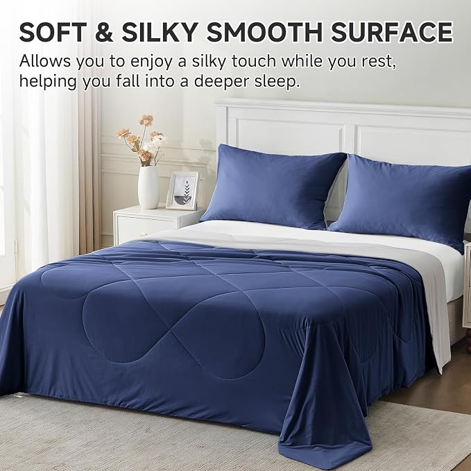 HOMFINE Cooling Comforter Japanese Double-Sided Cold Tech Fabric Cooling Blanket for Night Sweats Hot Sleepers, Q-Max 0.45 Soft Breathable Silky Smooth Lightweight Dark Blue Summer Comforter Queen