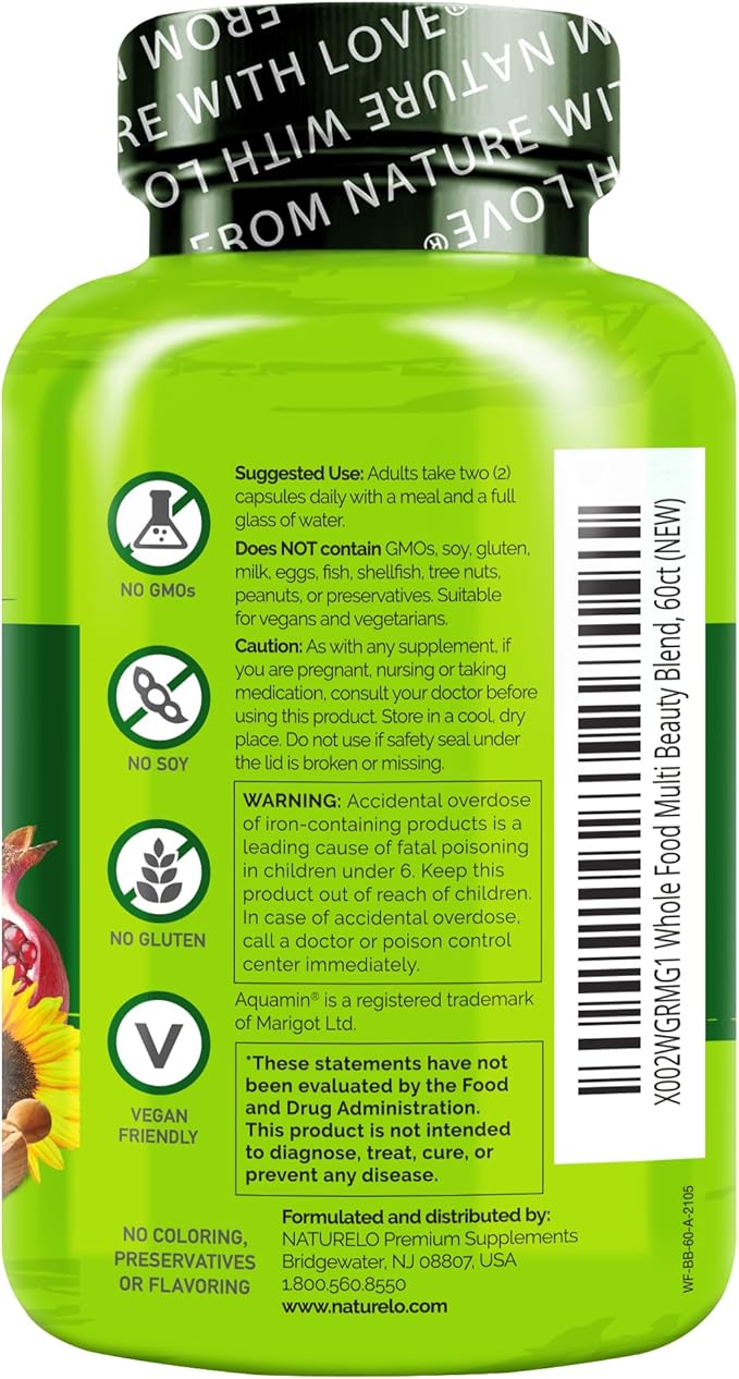 NATURELO Multivitamine Aliment Complet avec Soutien Supplémentaire Cheveux, Peau et Ongles - Mélange Beauté avec Acide Hyaluronique et Pépins de Raisin - Biotine, Vitamine C et Glutathion Haute Puissance - 60 Gélules Végétaliennes