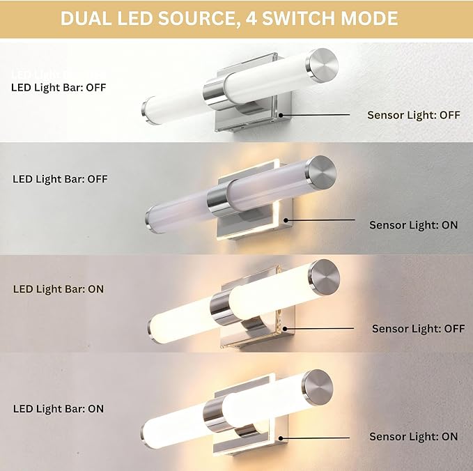 20 Inch LED Vanity Light Bar with Motion Sensor, Dual LED Source | 4 Lighting Modes (incl. Night Light) | 3000K Warm White, Dimmable, CRI 90+, 1040LM, ETL Listed (Chrome)