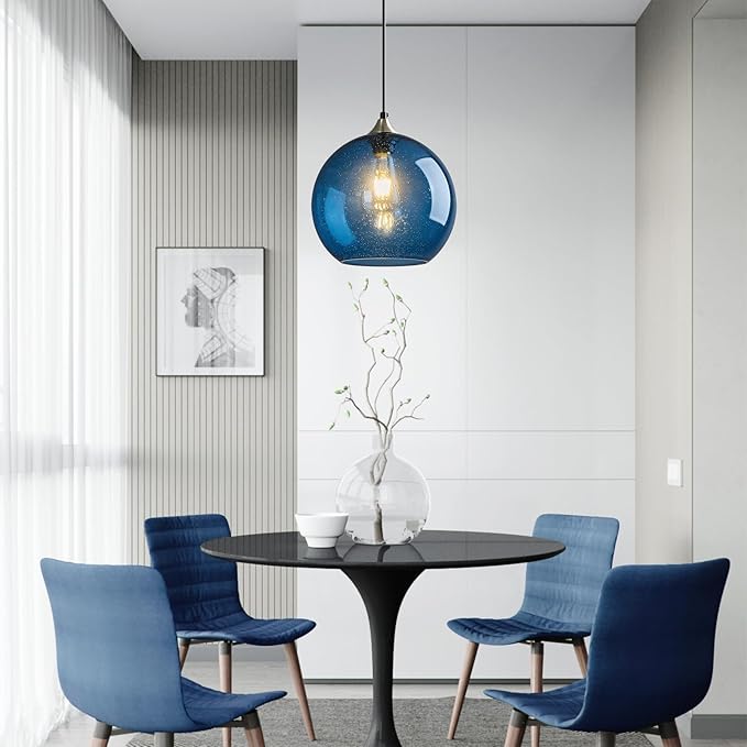 Mikeru Glass Globe Pendant Light Single, 7.87 Inch Blue Bubble Glass Hanging Lamp, Mid Century Modern Pendant Lighting for Kitchen Island Dining Room Bedroom (Bulb Not Included)