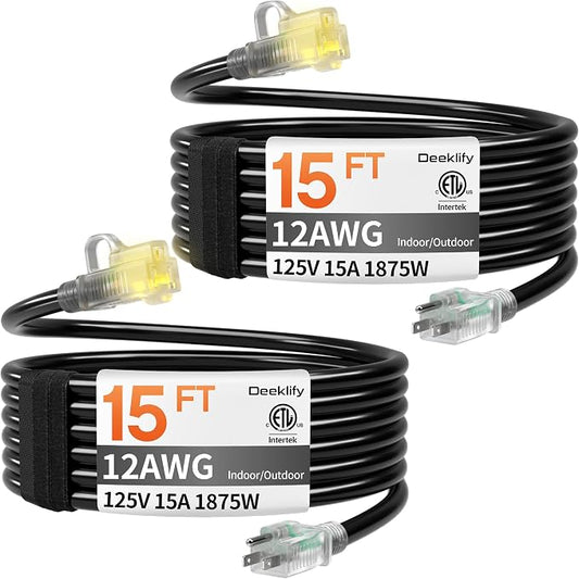 12AWG 15 FT 2 Pack Heavy Duty Outdoor Extension Cord Waterproof with Lighted End,Black 12 Gauge Extension Cord Flexible and Cold Resistant 3 Prong Grounded Plug,15Amp 1875W SJTW ETL Listed