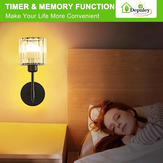 Depuley Wall Sconces Battery Operated: Set of 2 Wireless Crystal Wall Lights with Remote for Bedroom - Rechargeable 15 Colors Black Wall Lamp for Living Room Hallway Home Decor