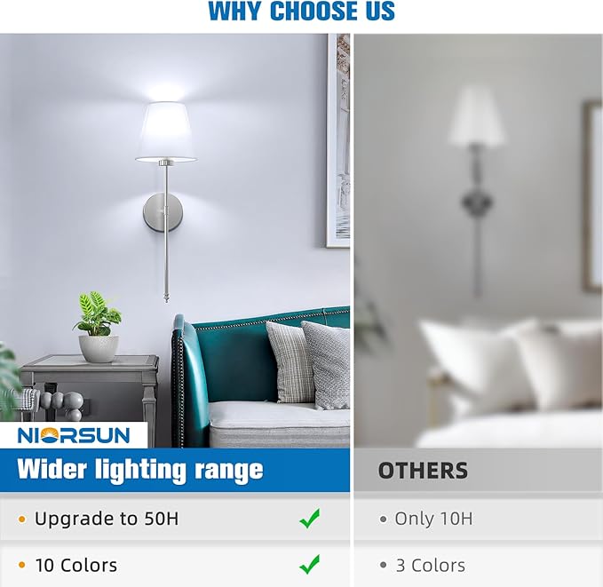 NIORSUN Battery Operated Wall Sconce Set of 2,Brushed Nickel Rechargeable Wall Lights with 10400mAh Dimmable Detachable Bulbs and Remote, 10 Colors Wireless Sconces for Bedroom Living Room Hallway