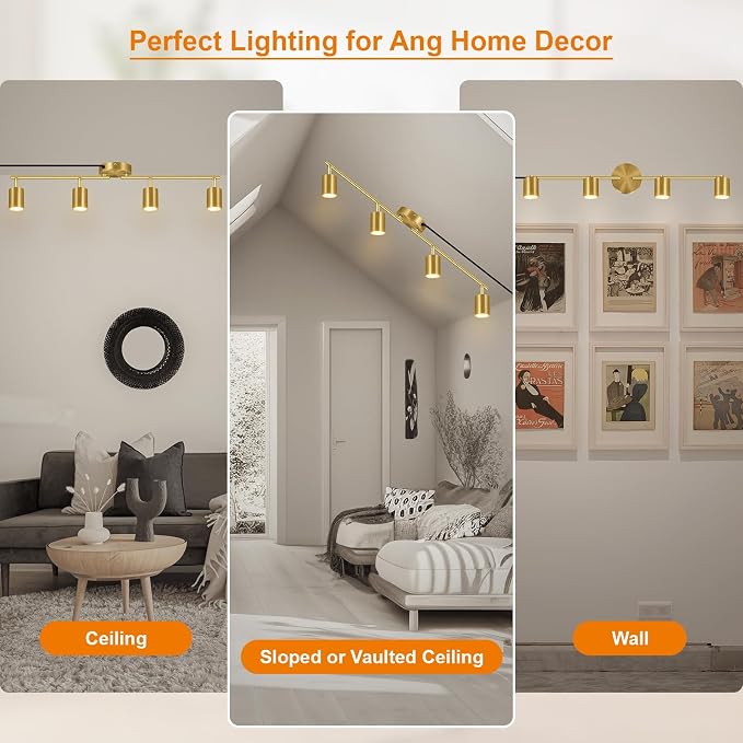 Plug in Track Lighting LED, Track Lighting Fixtures Ceiling Gold, 4-Light Kitchen Light Kit, Plug in Wall Light with 14.8ft Power Cord, Rotatable Ceiling Spotlight for Bedroom(GU10 Socket, NO Bulb)