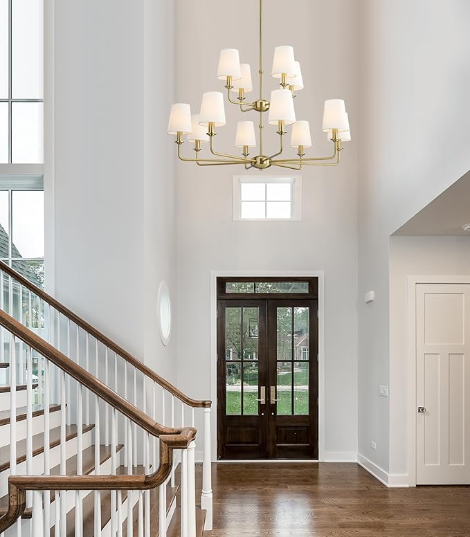 12-Light Brushed Gold Chandelier, E12 Bulb Compatible, White Fabric Shades, Adjustable Rod, Farmhouse & Industrial Style Ceiling Light for Living Room Dining Room Bedroom