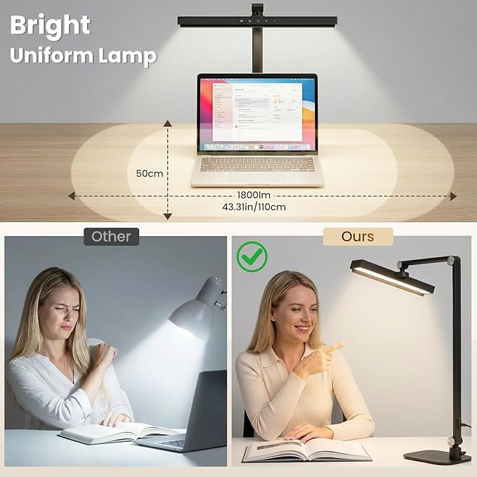 LIONVISON LED Desk Lamp for Home Office, Eye-Caring Desk Light with 2 in 1 Base/Clamp, Adjustable 5 Color 10 Brightness Computer Light with Memory & Timer Func, Metal Swing Arm Anti-Glare Table Lamp