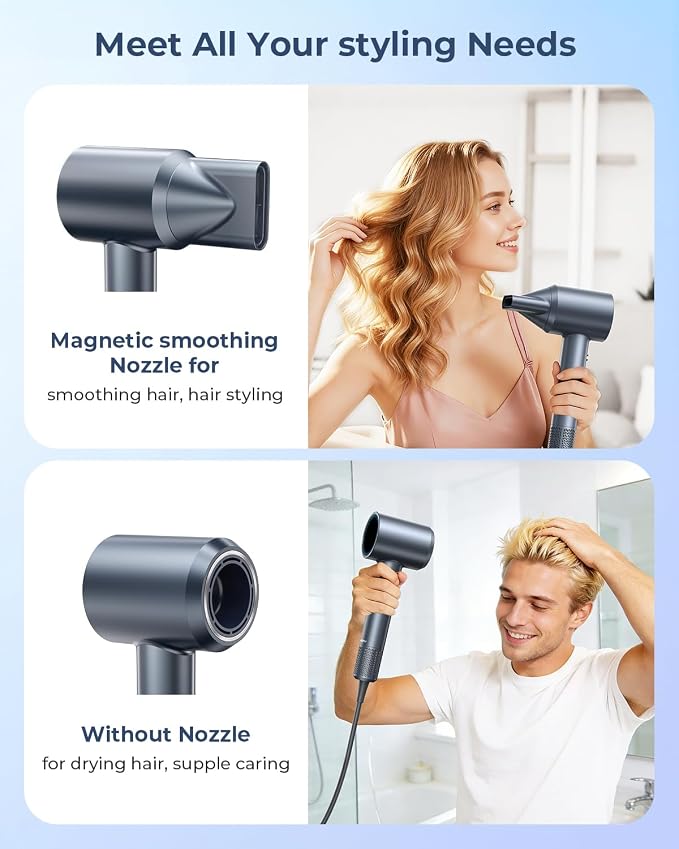 Hair Dryer, 150000 RPM Professional High-Speed Blow Dryer, Negative Ionic Hair Dryer for Fast Drying, Low Noise Thermo-Control HairDryer with Magnetic Nozzle for Home Travel Women Man