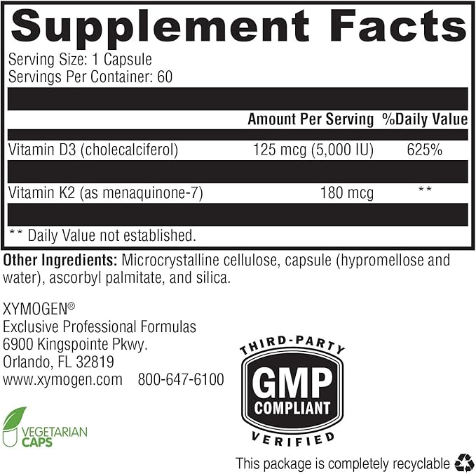 XYMOGEN K2-D3 Max - Vitamin D3 K2 with 180mcg VIT K Per Capsule - Bioavailable Vitamin D 5000 IU (Cholecalciferol) with K2 MK-7 - Bone Health + Immune Support Supplement (60 Capsules)