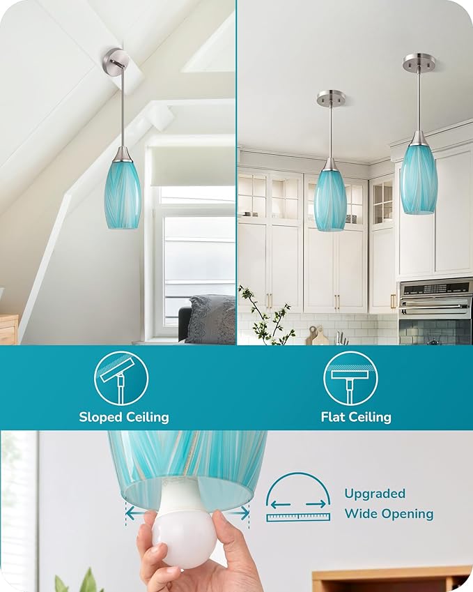 EDISHINE Pendant Lights Kitchen Island, Blue Handcrafted Art Glass, Blown Glass Pendant with 5.12” Dia x 11.40” H Shade, Teal with Gold, Adjustable Brushed Nickel Rods, Hardwired Over Island Bar, E26