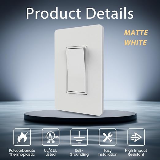 ThunderWay 3 Way Matte White Light Switch with Cover Plate, 15A 120/277 V Three Way Decorative Paddle Switches, Self-Grounding, Residential and Commercial Grade, UL Listed, 30 Pack
