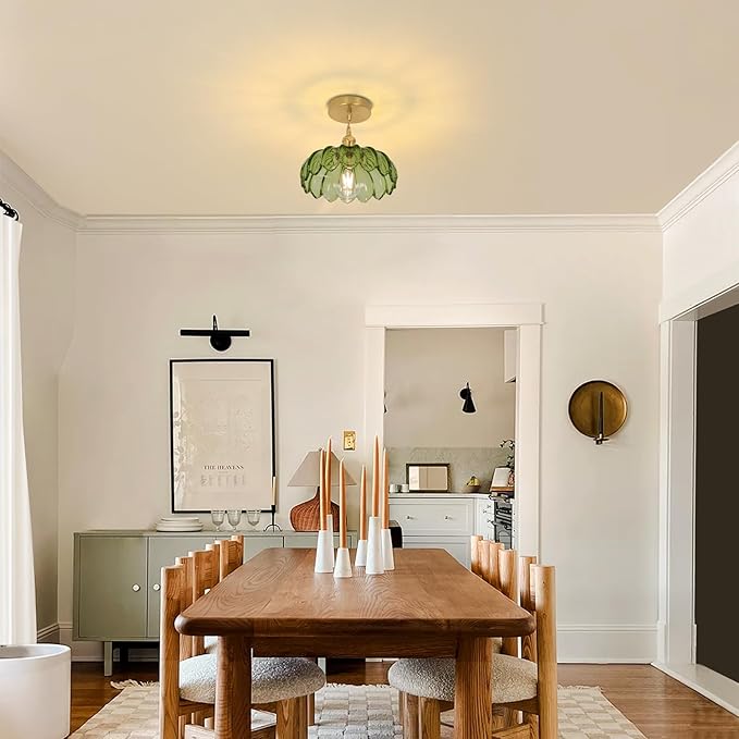 Shenmoyl Pendant Light with Green Scindapsus Glass Lmapshade, Brass Vintage Pendant Light Adjustable Hanging Light for Kitchen Island Dining Room Hallway