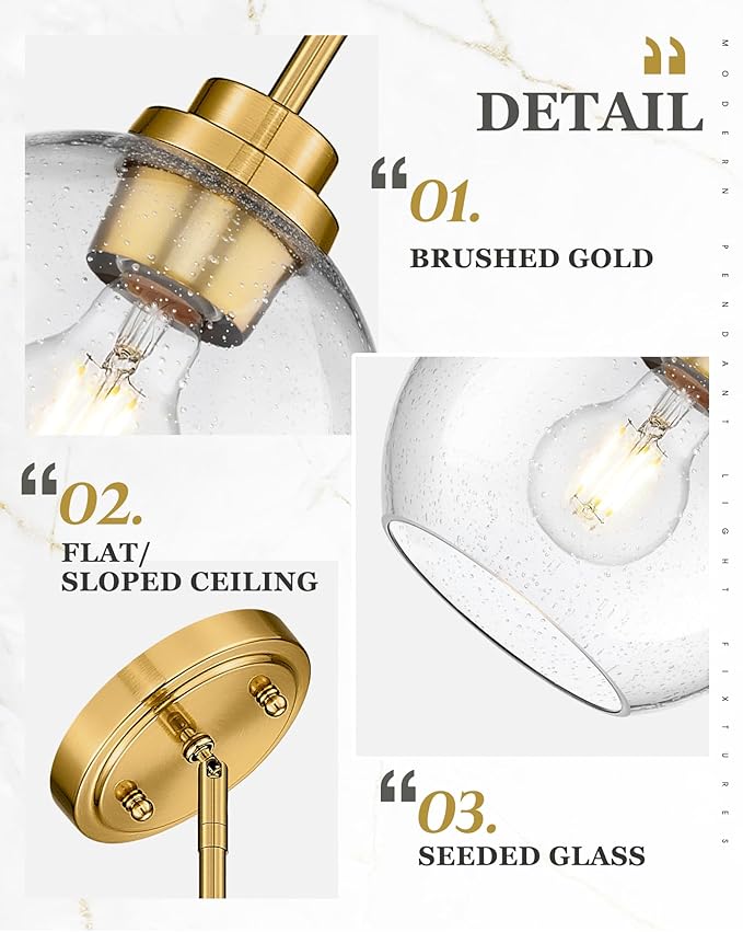 Pendant Lights Kitchen Island, 7" Modern Brushed Gold Hanging Lights Fixtures with Clear Seeded Glass Globe Shade, Kitchen Island Lighting for Bathroom, AD-22280-1P-GD-S