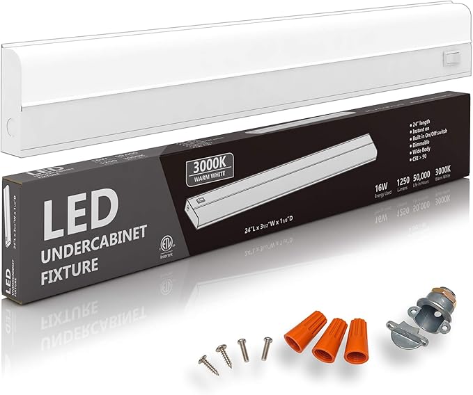 Hardwired LED Under Cabinet Lighting - 16 Watt, 24", Dimmable, CRI>90, 3000K (Warm White), Under Cabinet Lights for Kitchen - Wide Body, Long Lasting Metal Base with Frost Lens - Under Counter Lights