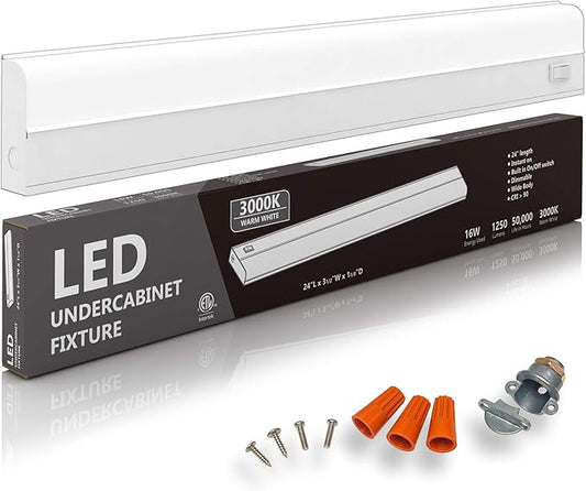 Hardwired LED Under Cabinet Lighting - 16 Watt, 24", Dimmable, CRI>90, 3000K (Warm White), Under Cabinet Lights for Kitchen - Wide Body, Long Lasting Metal Base with Frost Lens - Under Counter Lights
