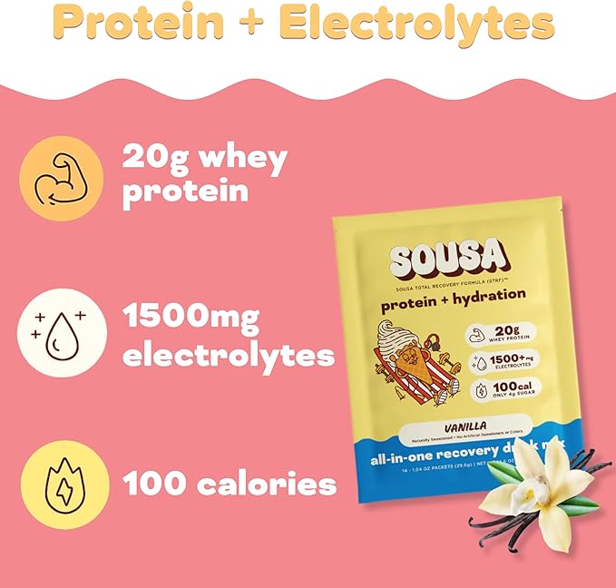 Sousa Protein + Hydration Total Recovery Formula, 20g Protein, 1500mg Electrolytes, Vitamins C, B3, B6, B12, 14 Servings (Vanilla)