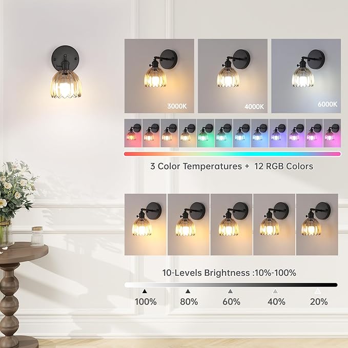 Shenmoyl Vintage Battery Operated Wall Sconce with Amber Tulip Glass Lampshade Rechargeable Battery Powered Black Wall Light with Remote Control for Bedside Bedroom Doorway