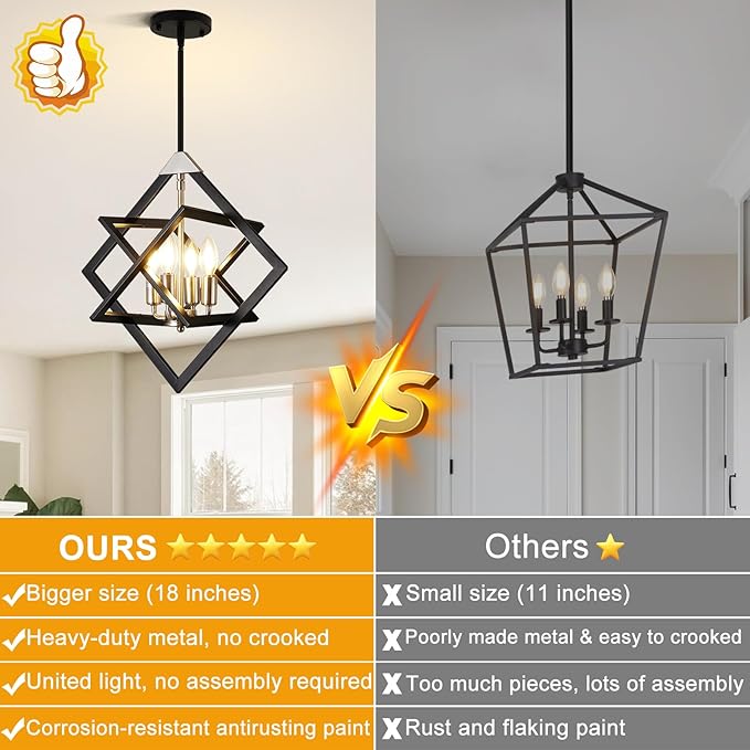18" Modern Chandelier for Dining Room, No Assembly Required 4-Light Dining Room Light Fixture Over Table, Industrial Hanging Pendant Lights for Kitchen Island, Entryway, Foyer (Black+Brushed Nickel)