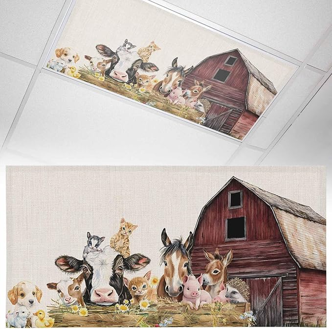 1 Pack Magnetic Fluorescent Light Covers, Farm Barn Horse Sheep Cat Animal Country Retro Linen Background Magnetic Light Covers for Ceiling Lights Classroom Office Home Decor