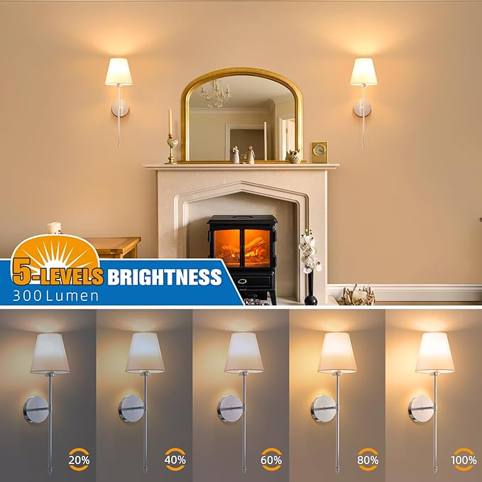 NIORSUN 19.9 inch Battery Operated Wall Sconce Set of 2,Brushed Nickel Rechargeable Wall Lights with 10400mAh Dimmable Detachable Bulbs and Remote,10 Colors Wireless Sconces for Bedroom Living Room