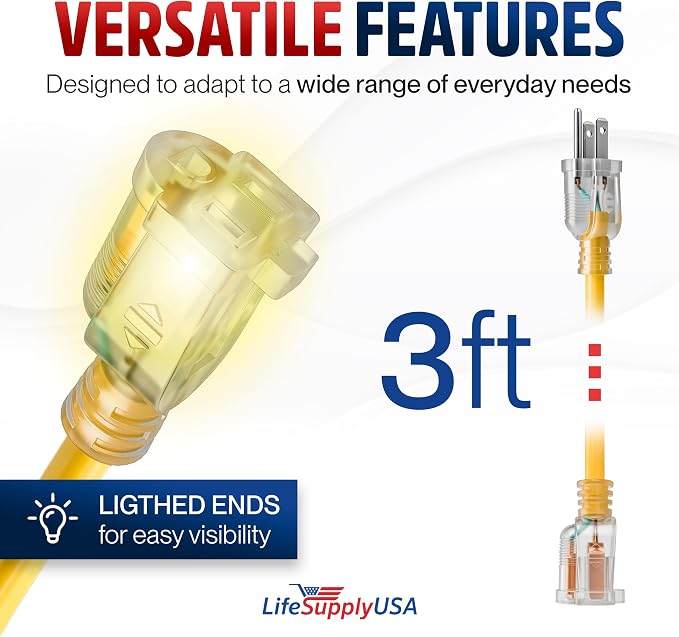 3ft Outdoor/Indoor Extension Cord 16/3 Gauge Heavy Duty 3 Prong SJTW, Waterproof, Flexible Cold-Resistant Long Power Cord,13A 125V 1625W, Yellow by LifeSupplyUSA