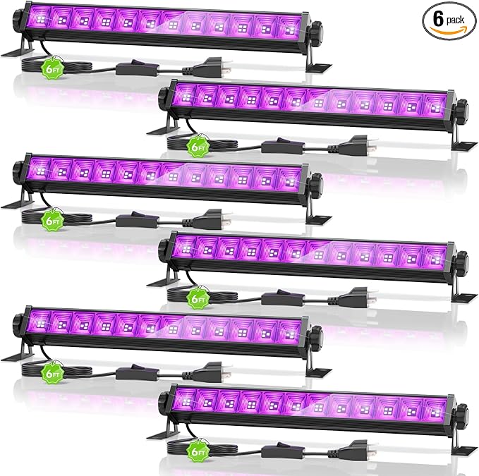 6 Pack 42W LED Black Light Bar, Blacklight with 6FT Cord+Switch+Plug, Glow in The Dark Black Lights Party Supplies for Halloween Decorations, Fluorescent Poster, Body Paint, Classroom, Bedroom