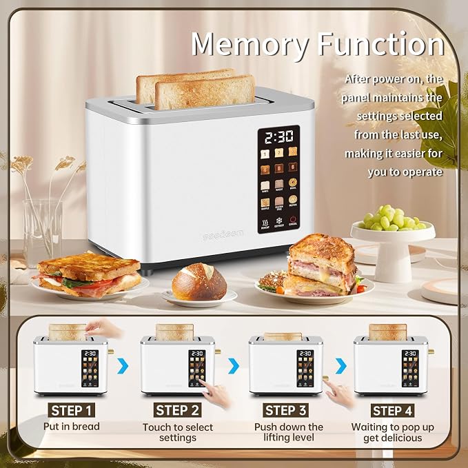 SEEDEEM Toaster 2 Slice, Touch Control Screen, Smart Stainless Toaster, 6 Shade Setting, 6 Bread Selection, Countdown, Removable Crumb Tray, 900W, Pearl White