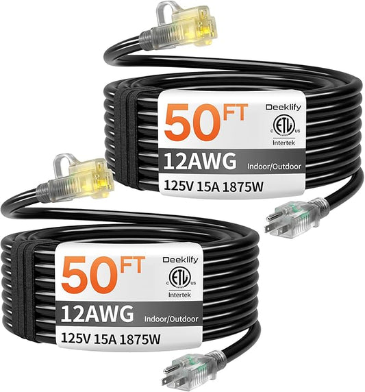 2 Pack 12 Gauge 50 FT Heavy Duty Outdoor Extension Cord Waterproof with Lighted End,Black 12 Gauge Extension Cord Flexible and Cold Resistant 3 Prong Grounded Plug,15Amp 1875W SJTW ETL Listed